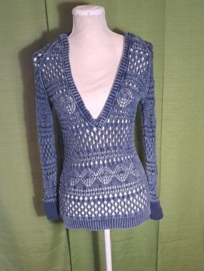 Maurices Denim Blue Crochet V-Neck Sweater